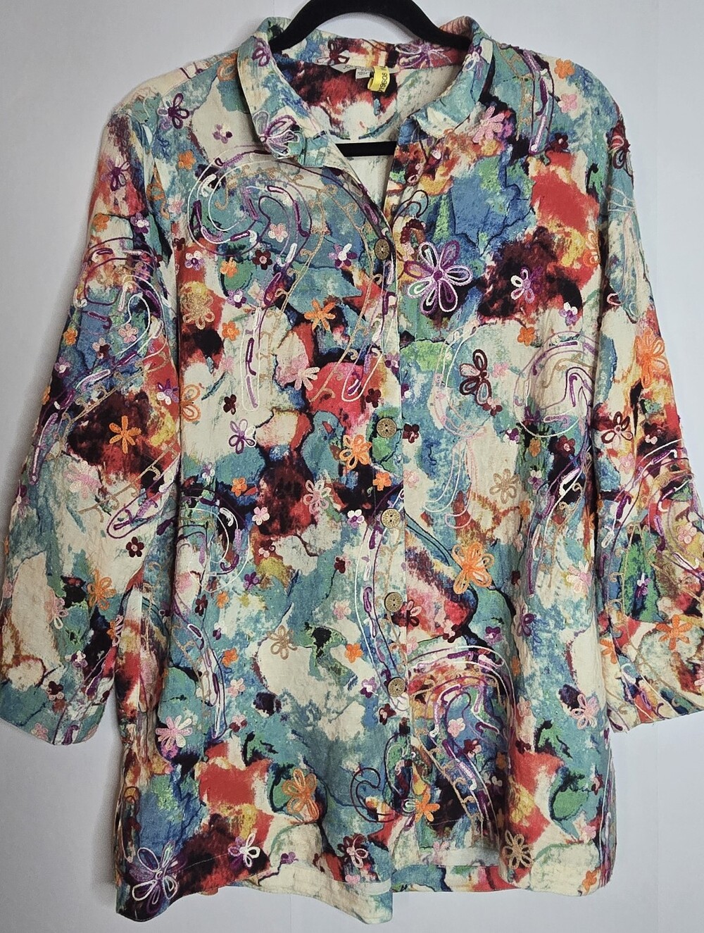 John Mark Size M Art-to-Wear Embroidered Button-Front 3/4 Sleeve Women’s Top